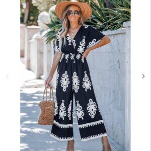 New Cupshe Smocked Wide Leg Navy & White Print‎ Jumpsuit Suit Medium